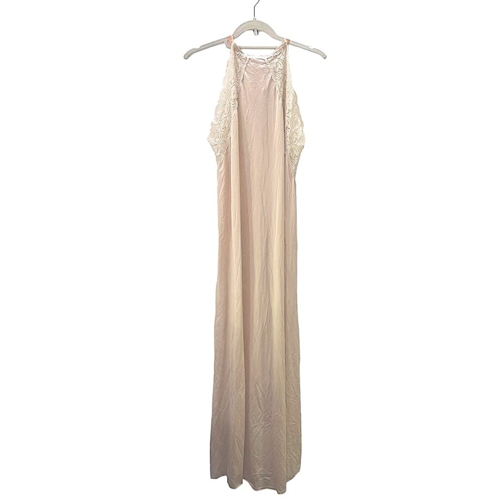 Vintage Pink Long Nightgown Slip Dress w/ Lace Trim and Ribbon Tie Bow Closure S